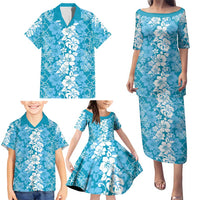 Hawaiian Lei Day Family Matching Puletasi and Hawaiian Shirt Blue Hibiscus Flowers Lei Art