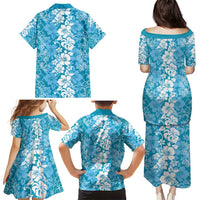Hawaiian Lei Day Family Matching Puletasi and Hawaiian Shirt Blue Hibiscus Flowers Lei Art