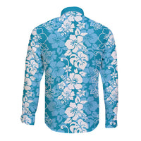 Hawaiian Lei Day Long Sleeve Button Shirt Blue Hibiscus Flowers Lei Art
