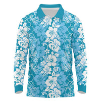 Hawaiian Lei Day Long Sleeve Polo Shirt Blue Hibiscus Flowers Lei Art