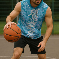 Hawaiian Lei Day Sleeveless Hoodie Blue Hibiscus Flowers Lei Art - Polynesian Pride