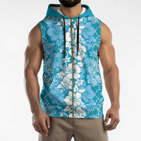 Hawaiian Lei Day Sleeveless Zip Hoodie Blue Hibiscus Flowers Lei Art - Polynesian Pride