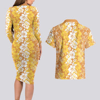 Hawaiian Lei Day Couples Matching Long Sleeve Bodycon Dress and Hawaiian Shirt Gold Hibiscus Flowers Lei Art