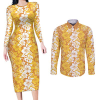 Hawaiian Lei Day Couples Matching Long Sleeve Bodycon Dress and Long Sleeve Button Shirt Gold Hibiscus Flowers Lei Art
