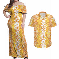 Hawaiian Lei Day Couples Matching Off Shoulder Maxi Dress and Hawaiian Shirt Gold Hibiscus Flowers Lei Art