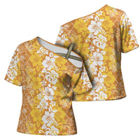 Hawaiian Lei Day Cross Shoulder Shirt Gold Hibiscus Flowers Lei Art - Polynesian Pride