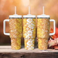 Hawaiian Lei Day Tumbler With Handle Gold Hibiscus Flowers Lei Art