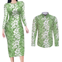 Hawaiian Lei Day Couples Matching Long Sleeve Bodycon Dress and Long Sleeve Button Shirt Green Hibiscus Flowers Lei Art