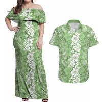 Hawaiian Lei Day Couples Matching Off Shoulder Maxi Dress and Hawaiian Shirt Green Hibiscus Flowers Lei Art