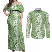 Hawaiian Lei Day Couples Matching Off Shoulder Maxi Dress and Long Sleeve Button Shirt Green Hibiscus Flowers Lei Art