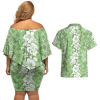 Hawaiian Lei Day Couples Matching Off Shoulder Short Dress and Hawaiian Shirt Green Hibiscus Flowers Lei Art