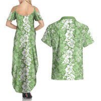 Hawaiian Lei Day Couples Matching Summer Maxi Dress and Hawaiian Shirt Green Hibiscus Flowers Lei Art