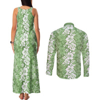Hawaiian Lei Day Couples Matching Tank Maxi Dress and Long Sleeve Button Shirt Green Hibiscus Flowers Lei Art