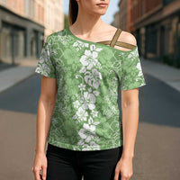 Hawaiian Lei Day Cross Shoulder Shirt Green Hibiscus Flowers Lei Art - Polynesian Pride