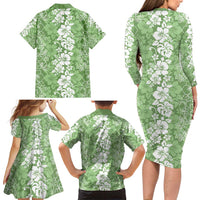 Hawaiian Lei Day Family Matching Long Sleeve Bodycon Dress and Hawaiian Shirt Green Hibiscus Flowers Lei Art