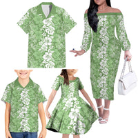Hawaiian Lei Day Family Matching Off The Shoulder Long Sleeve Dress and Hawaiian Shirt Green Hibiscus Flowers Lei Art