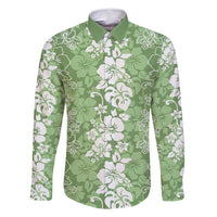 Hawaiian Lei Day Family Matching Off Shoulder Short Dress and Hawaiian Shirt Green Hibiscus Flowers Lei Art