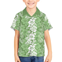 Hawaiian Lei Day Family Matching Off Shoulder Short Dress and Hawaiian Shirt Green Hibiscus Flowers Lei Art