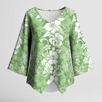 Hawaiian Lei Day Kimono Sleeve Blouse Green Hibiscus Flowers Lei Art - Polynesian Pride