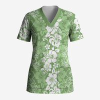 Hawaiian Lei Day Scrub Top Green Hibiscus Flowers Lei Art - Polynesian Pride