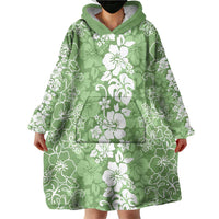 Hawaiian Lei Day Wearable Blanket Hoodie Green Hibiscus Flowers Lei Art