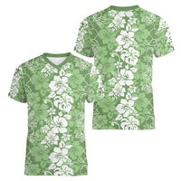Hawaiian Lei Day Women V-Neck T-Shirt Green Hibiscus Flowers Lei Art