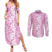 Hawaiian Lei Day Couples Matching Summer Maxi Dress and Long Sleeve Button Shirt Pink Hibiscus Flowers Lei Art