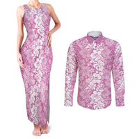 Hawaiian Lei Day Couples Matching Tank Maxi Dress and Long Sleeve Button Shirt Pink Hibiscus Flowers Lei Art