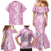 Hawaiian Lei Day Family Matching Mermaid Dress and Hawaiian Shirt Pink Hibiscus Flowers Lei Art