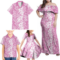 Hawaiian Lei Day Family Matching Off Shoulder Maxi Dress and Hawaiian Shirt Pink Hibiscus Flowers Lei Art