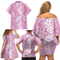Hawaiian Lei Day Family Matching Off Shoulder Short Dress and Hawaiian Shirt Pink Hibiscus Flowers Lei Art