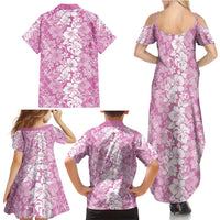 Hawaiian Lei Day Family Matching Summer Maxi Dress and Hawaiian Shirt Pink Hibiscus Flowers Lei Art