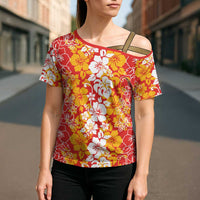Hawaiian Lei Day Cross Shoulder Shirt Red Hibiscus Flowers Lei Art - Polynesian Pride