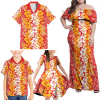 Hawaiian Lei Day Family Matching Off Shoulder Maxi Dress and Hawaiian Shirt Red Hibiscus Flowers Lei Art