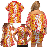 Hawaiian Lei Day Family Matching Off Shoulder Short Dress and Hawaiian Shirt Red Hibiscus Flowers Lei Art