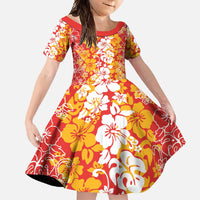 Hawaiian Lei Day Family Matching Short Sleeve Bodycon Dress and Hawaiian Shirt Red Hibiscus Flowers Lei Art