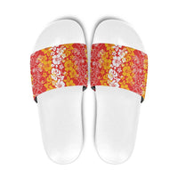 Hawaiian Lei Day Slide Sandals Red Hibiscus Flowers Lei Art - Polynesian Pride