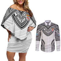 Flying Fijians Pacific Fiji Rugby Custom Couples Matching Off Shoulder Short Dress and Long Sleeve Button Shirt Polynesian Pattern