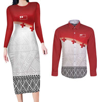 Ikale Tahi Pacific Tonga Rugby Custom Couples Matching Long Sleeve Bodycon Dress and Long Sleeve Button Shirt Tongan Ngatu with Flag Pattern LT9 Red - Polynesian Pride