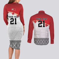 Ikale Tahi Pacific Tonga Rugby Custom Couples Matching Long Sleeve Bodycon Dress and Long Sleeve Button Shirt Tongan Ngatu with Flag Pattern LT9 - Polynesian Pride