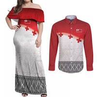 Ikale Tahi Pacific Tonga Rugby Custom Couples Matching Off Shoulder Maxi Dress and Long Sleeve Button Shirt Tongan Ngatu with Flag Pattern LT9 Red - Polynesian Pride
