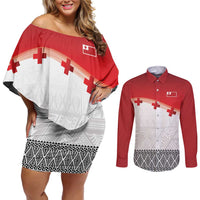 Ikale Tahi Pacific Tonga Rugby Custom Couples Matching Off Shoulder Short Dress and Long Sleeve Button Shirt Tongan Ngatu with Flag Pattern LT9 Red - Polynesian Pride