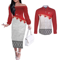Ikale Tahi Pacific Tonga Rugby Custom Couples Matching Off The Shoulder Long Sleeve Dress and Long Sleeve Button Shirt Tongan Ngatu with Flag Pattern LT9 Red - Polynesian Pride
