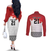 Ikale Tahi Pacific Tonga Rugby Custom Couples Matching Off The Shoulder Long Sleeve Dress and Long Sleeve Button Shirt Tongan Ngatu with Flag Pattern LT9 - Polynesian Pride
