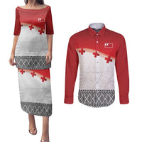 Ikale Tahi Pacific Tonga Rugby Custom Couples Matching Puletasi and Long Sleeve Button Shirt Tongan Ngatu with Flag Pattern LT9 Red - Polynesian Pride