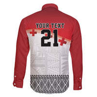 Ikale Tahi Pacific Tonga Rugby Custom Family Matching Off The Shoulder Long Sleeve Dress and Hawaiian Shirt Tongan Ngatu with Flag Pattern