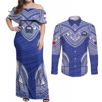 Manu Samoa Pacific Samoa Rugby Custom Couples Matching Off Shoulder Maxi Dress and Long Sleeve Button Shirt Polynesian Pattern LT9 Blue - Polynesian Pride