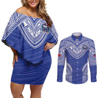 Manu Samoa Pacific Samoa Rugby Custom Couples Matching Off Shoulder Short Dress and Long Sleeve Button Shirt Polynesian Pattern LT9 Blue - Polynesian Pride