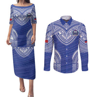 Manu Samoa Pacific Samoa Rugby Custom Couples Matching Puletasi and Long Sleeve Button Shirt Polynesian Pattern LT9 Blue - Polynesian Pride