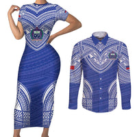 Manu Samoa Pacific Samoa Rugby Custom Couples Matching Short Sleeve Bodycon Dress and Long Sleeve Button Shirt Polynesian Pattern LT9 Blue - Polynesian Pride